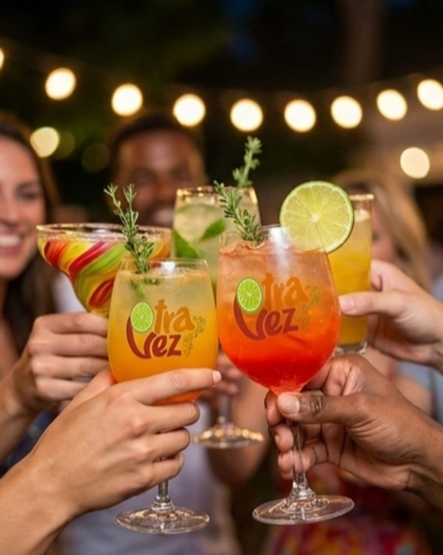 Friends toasting with cocktails at night